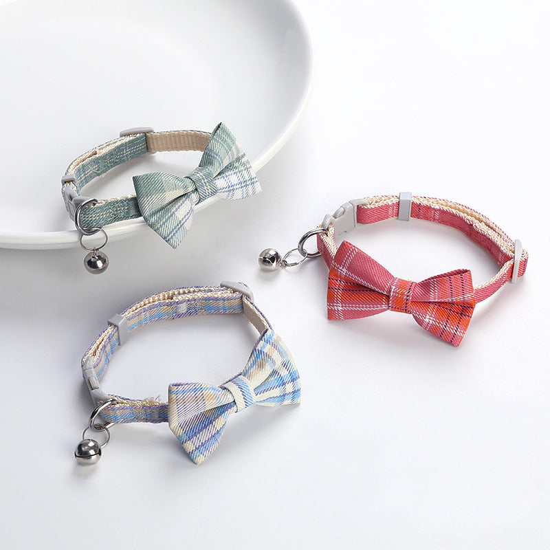 Cat Collar Small Dog Plaid Bell Collar Cat Bow Necklace Pet