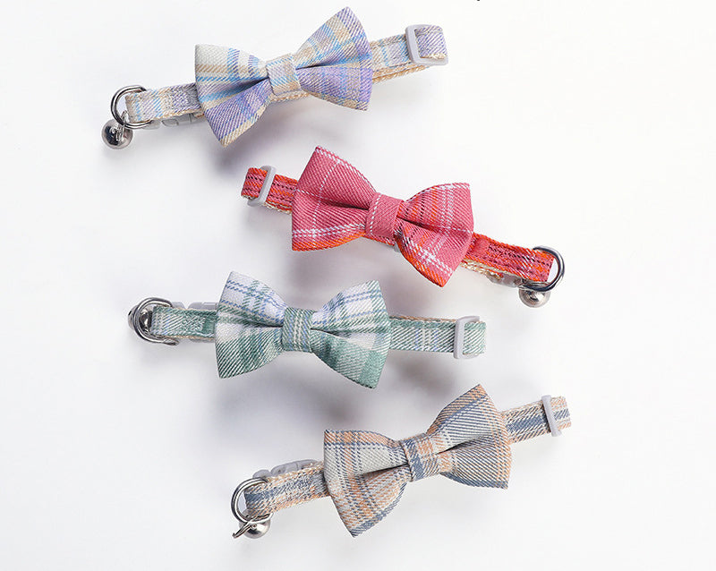 Cat Collar Small Dog Plaid Bell Collar Cat Bow Necklace Pet