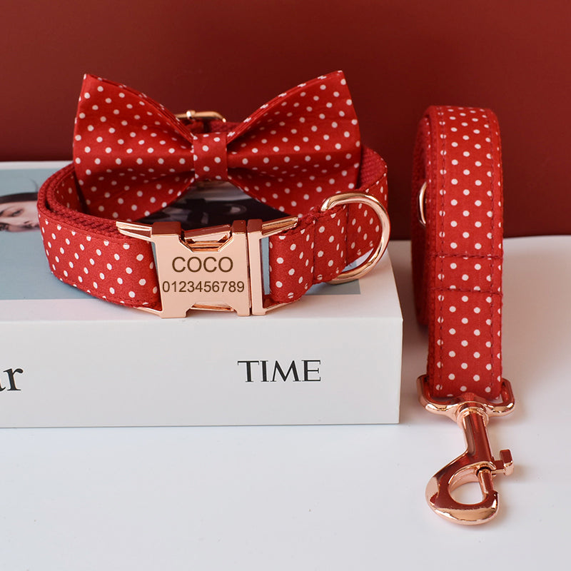 Cotton & Webbing, Red Dot Bowtie Dog Collar, Adjustable Dog Collars